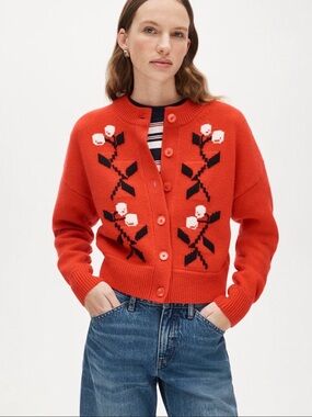 J.Crew Vintage Wool Red Cardigan in Cherry Print